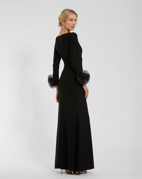 Formal Dresses Long Sleeve 3D Flowers Fitted Formal Evening Dress Black