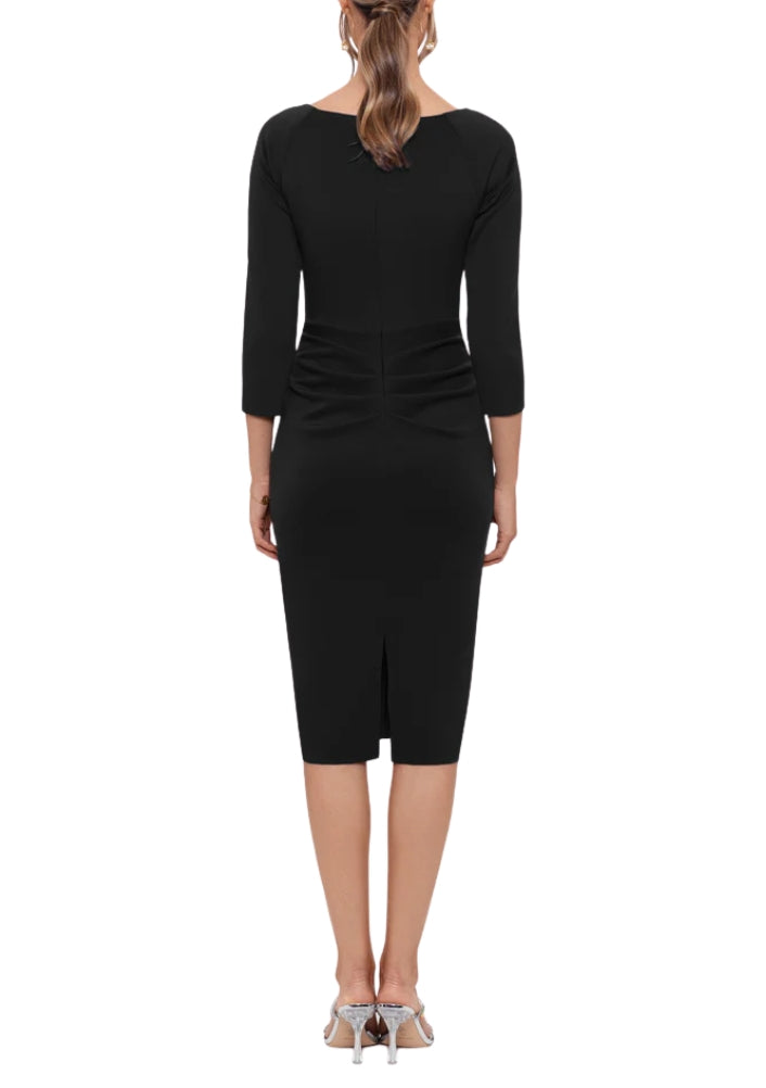 ruffle side midi dress V-Neck 3/4 Sleeve Ruffle Side Sheath Midi Dress Xscape 4994X