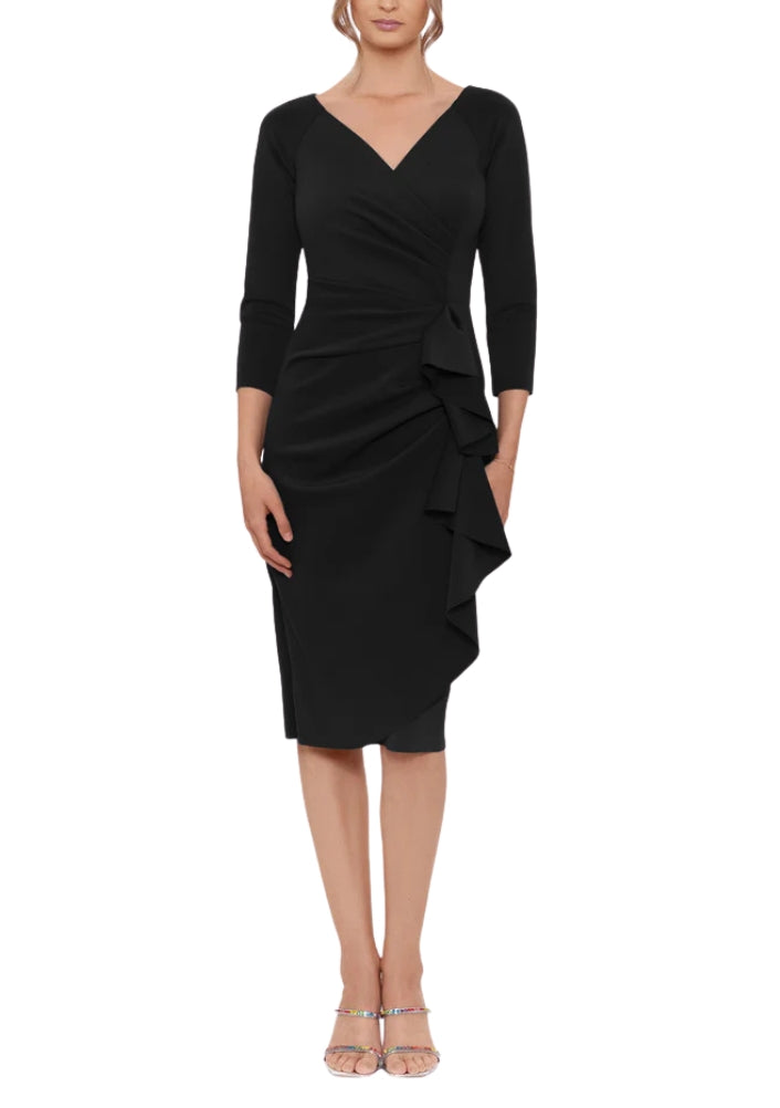 ruffle side midi dress V-Neck 3/4 Sleeve Ruffle Side Sheath Midi Dress Xscape 4994X