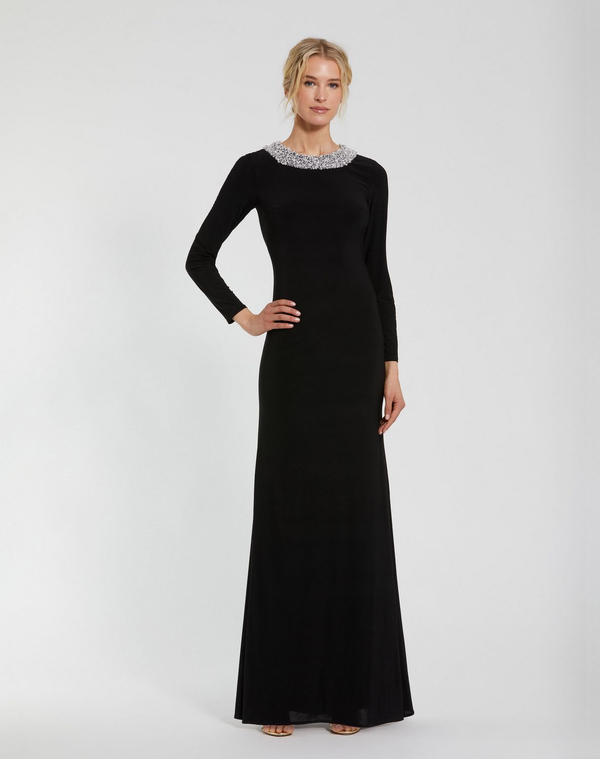 Black Mac Duggal 49951 Fitted Formal Prom Beaded Long Sleeve Dress for