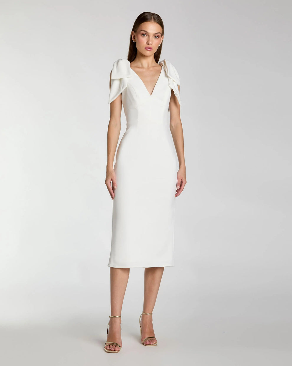 V-Neck Midi Crepe Wedding Sheath Mac Duggal 9949954P