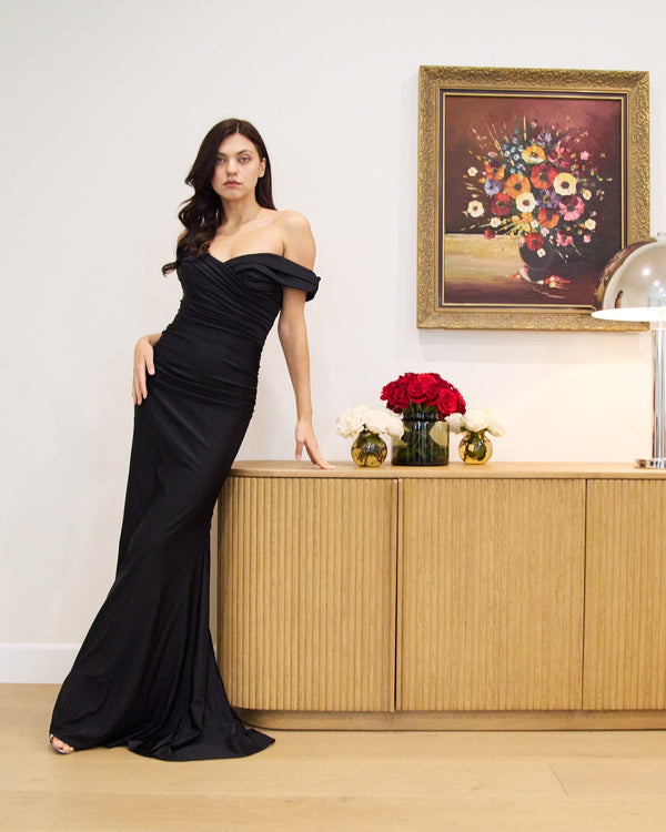 Long Stretch Formal Off Shoulder Dress Black