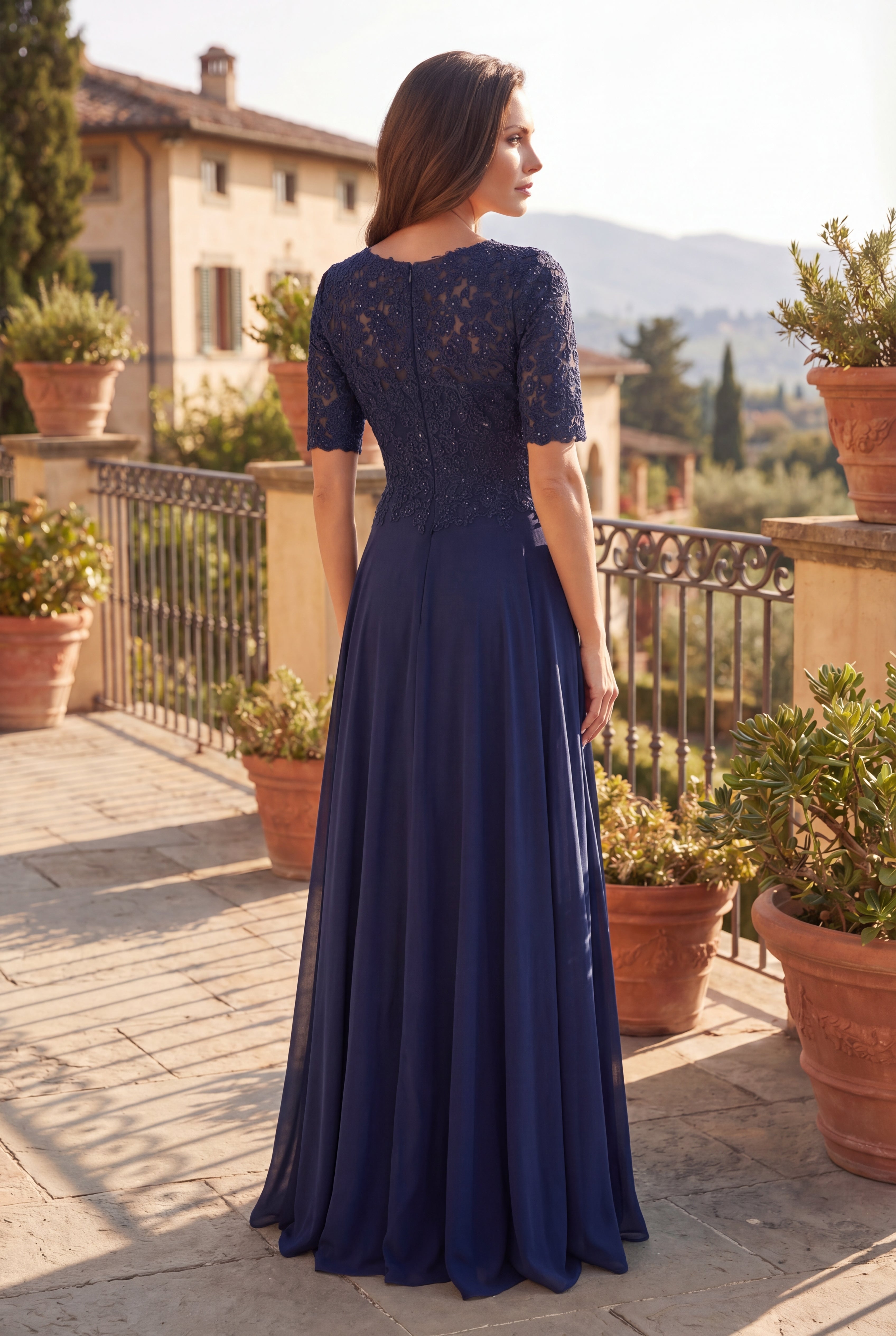 Navy Mother of the Bride Lace Dress with Short Sleeves