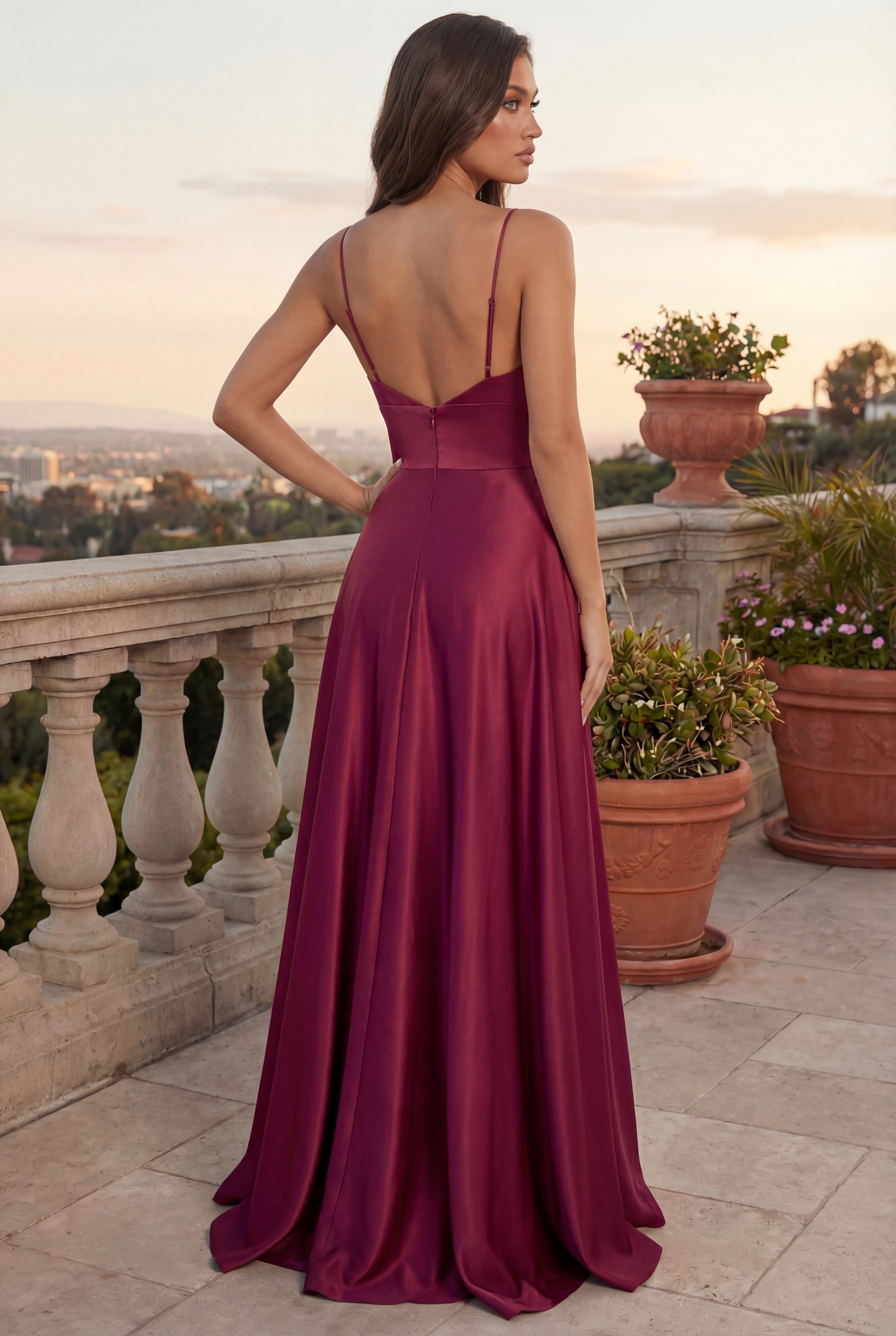 Long Formal Evening Party A Line Dress Burgundy