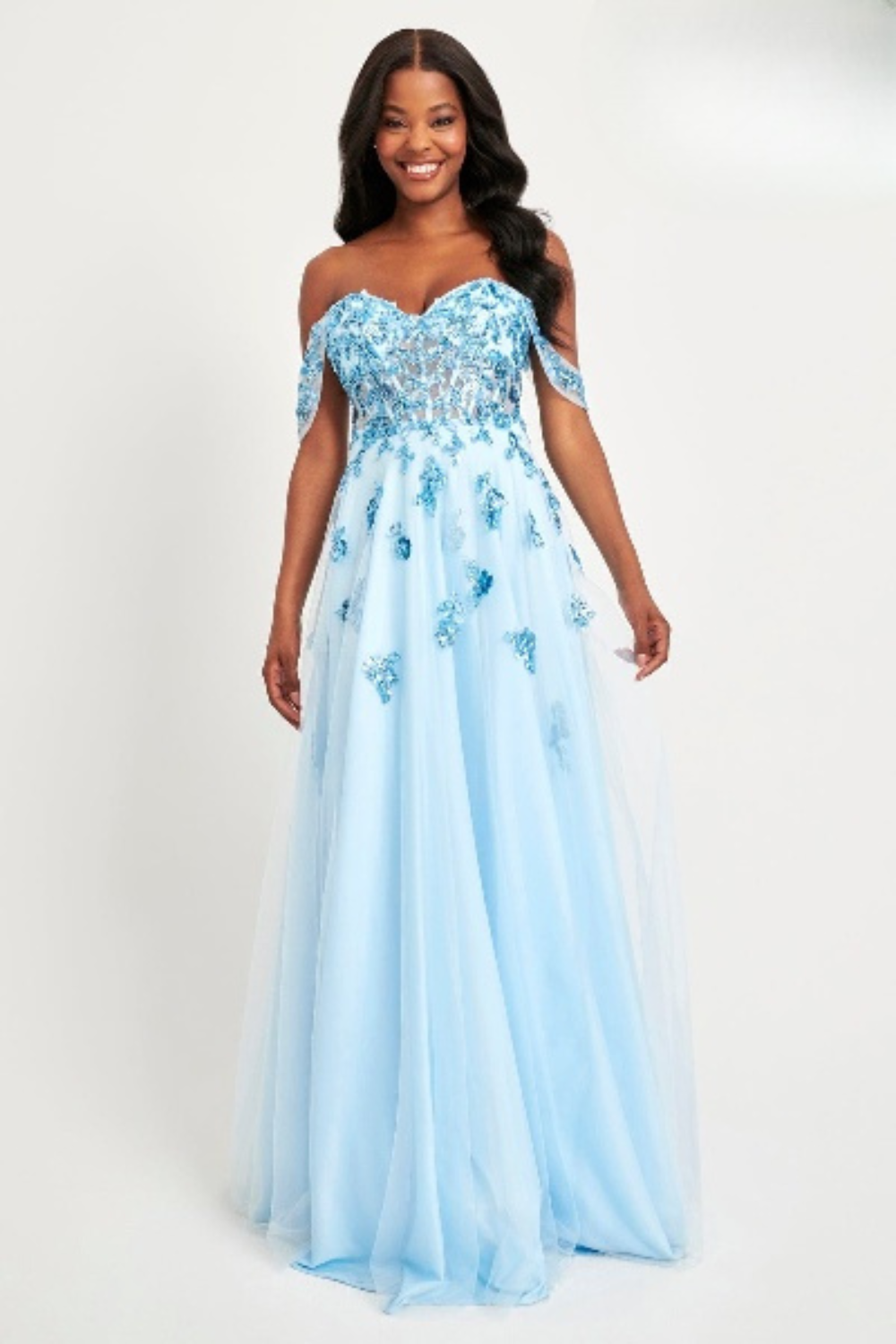 Prom Dresses A Line Long Sequin Lace Formal Prom Dress Ice Blue