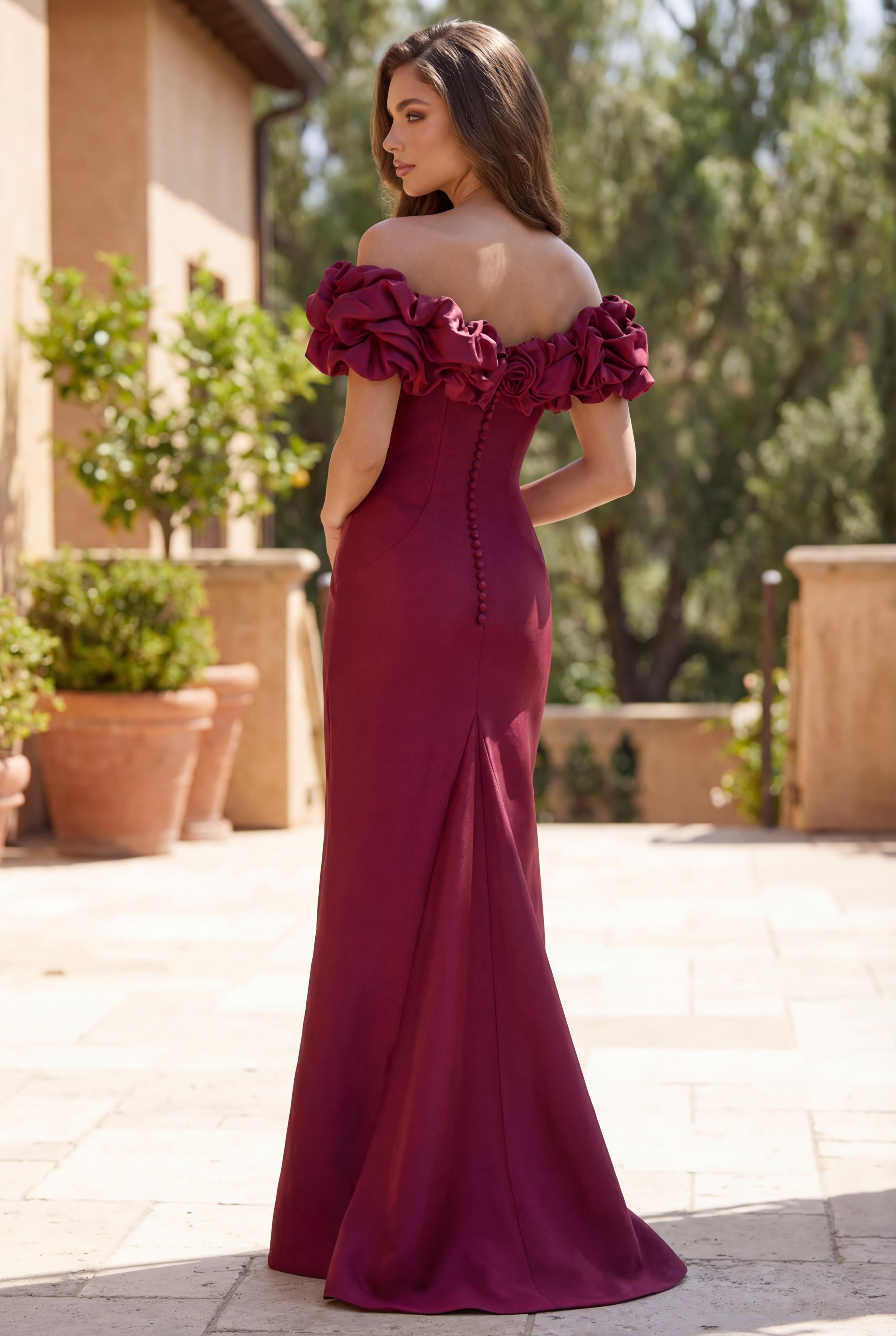 Burgundy Long Formal Evening Gown with Ruffled Sleeves