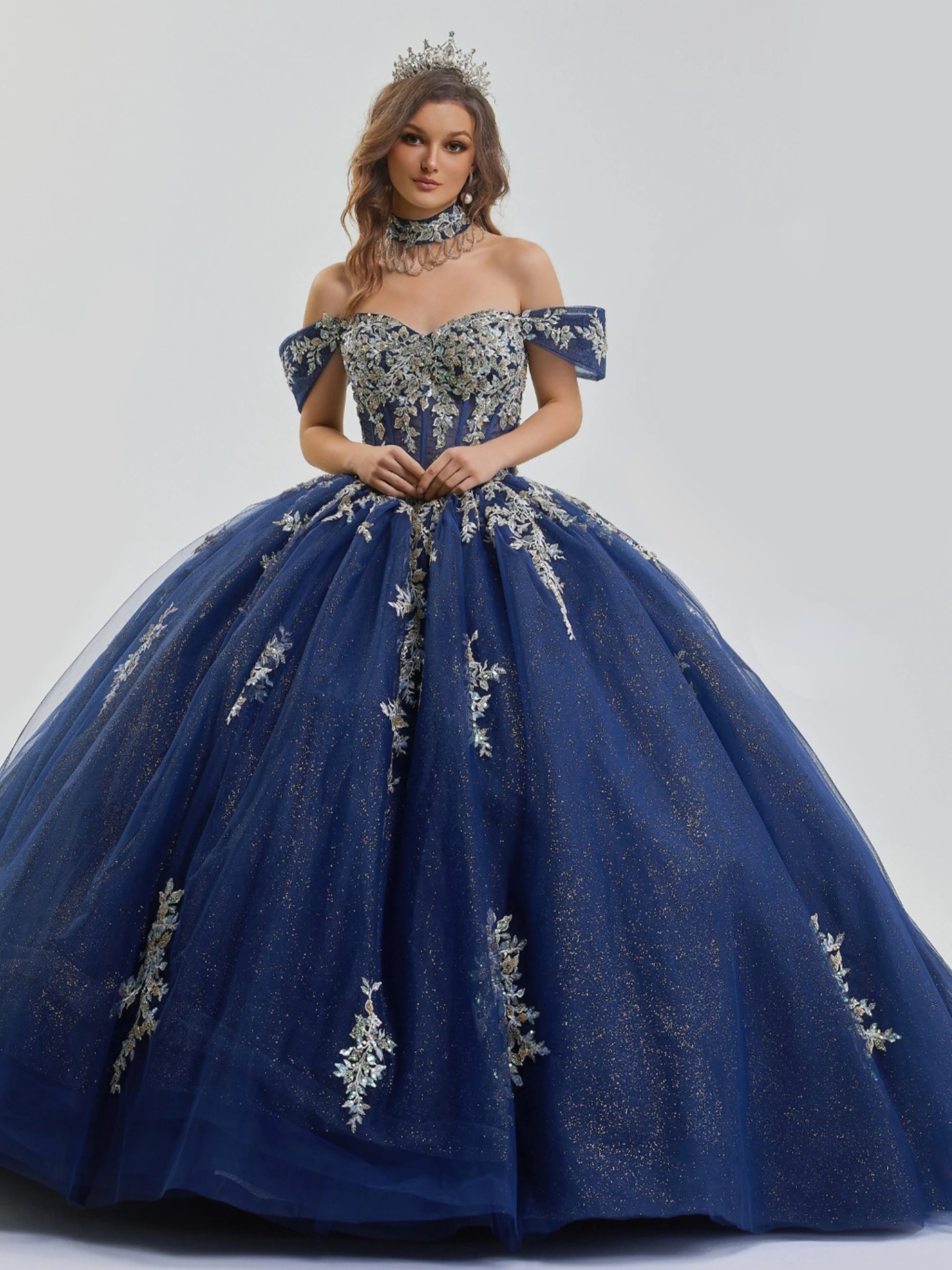 Off-the-Shoulder Floor-Length Tulle Quinceañera Ball Gown Stella Couture 25459
