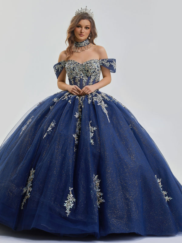 Off-the-Shoulder Floor-Length Tulle Quinceañera Ball Gown Stella Couture 25459