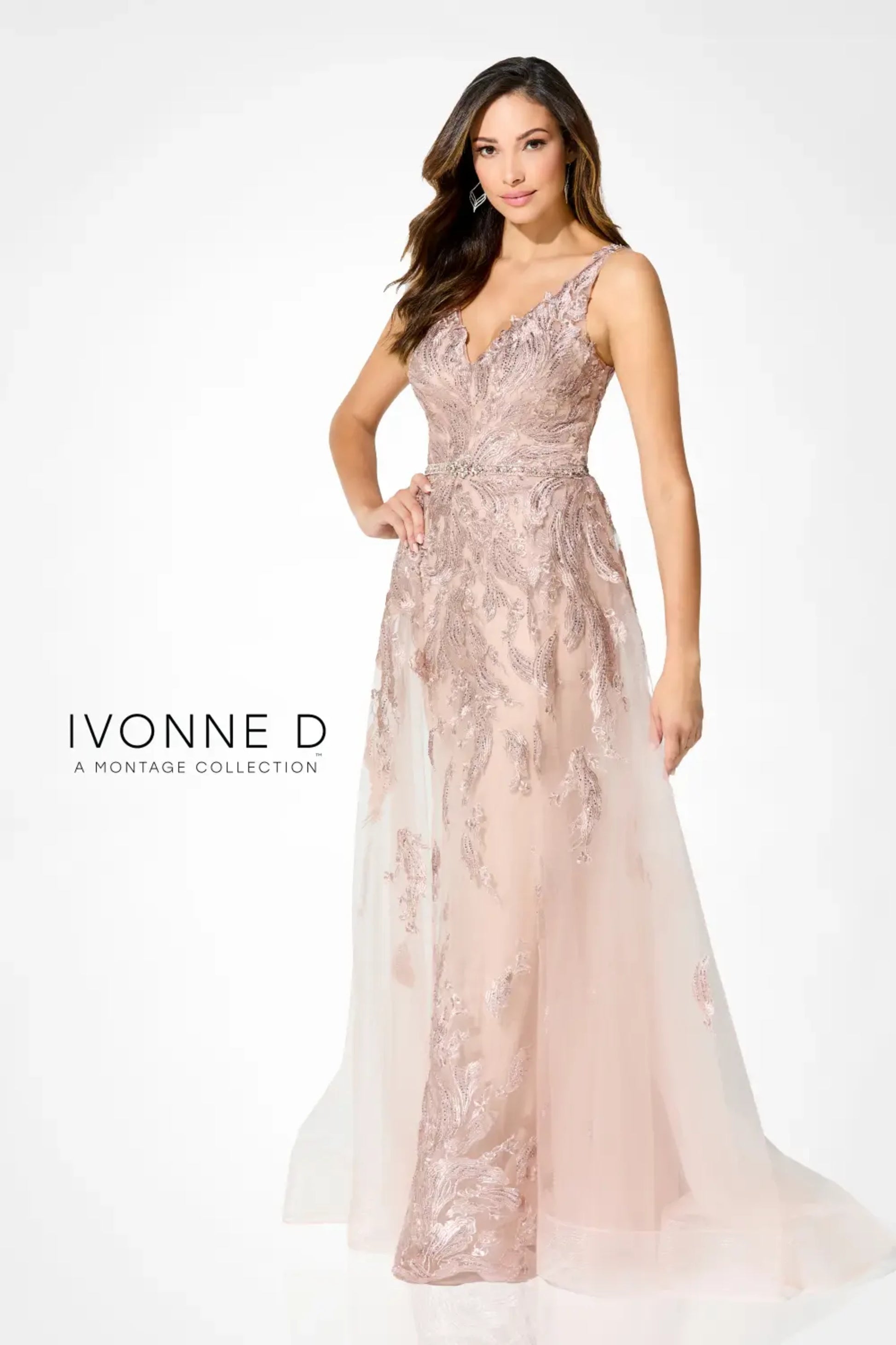 Ivonne D ID924 Long A Line Formal Beaded Applique Overskirt Dress