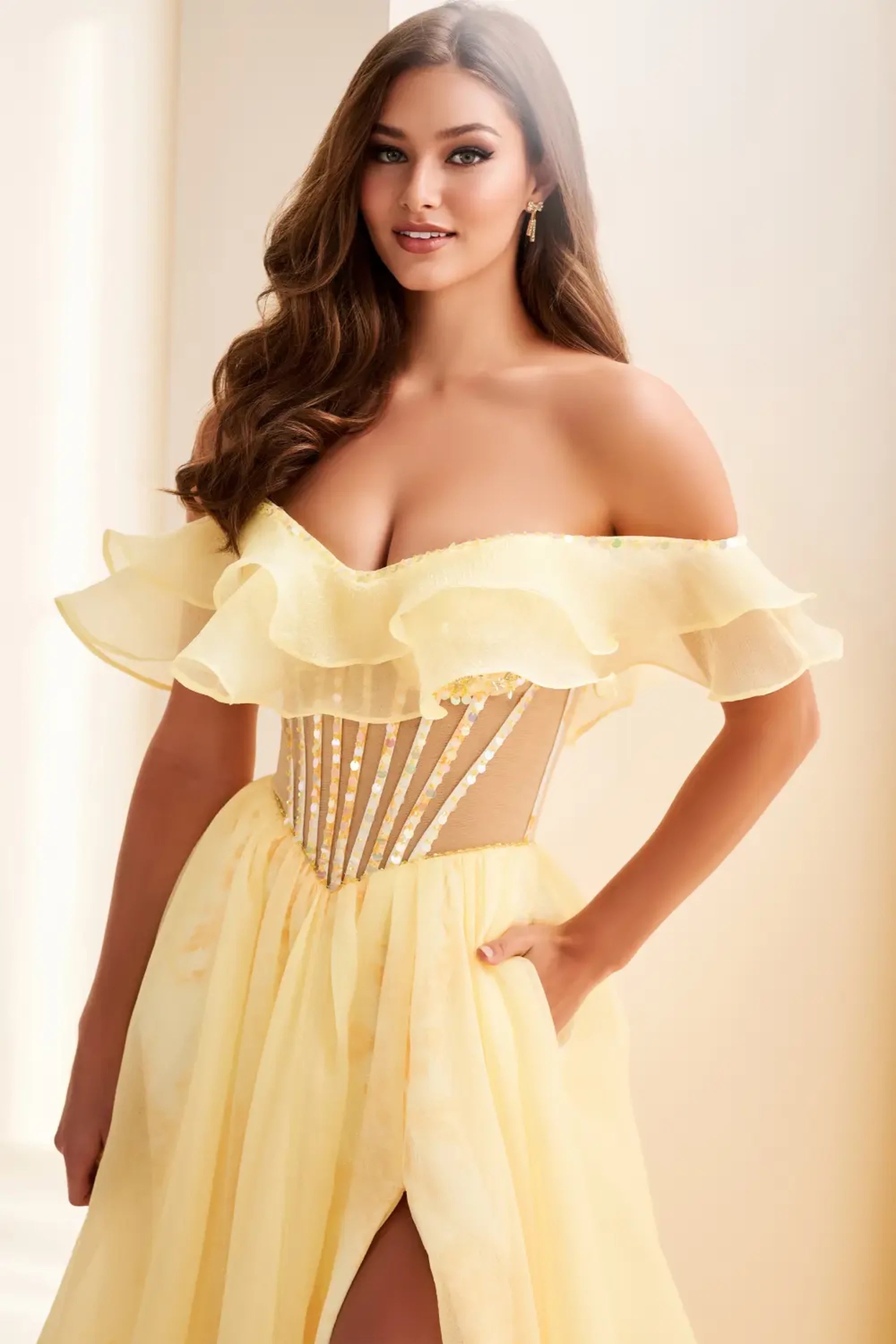 Prom Dresses Ruffle Long Formal Corset Ball Gown Prom Dress Canary Yellow