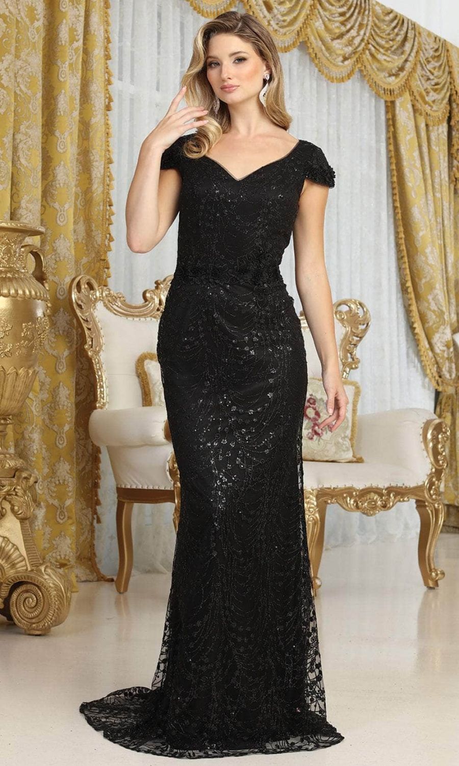 V-Neck Floor-Length Lace Evening Gown Sheath/Column May Queen 2062