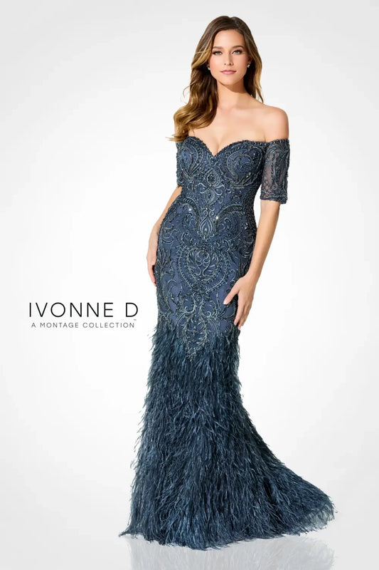 Formal Dresses Beaded Long Mermaid Formal Feather Evening Dress Blue Slate