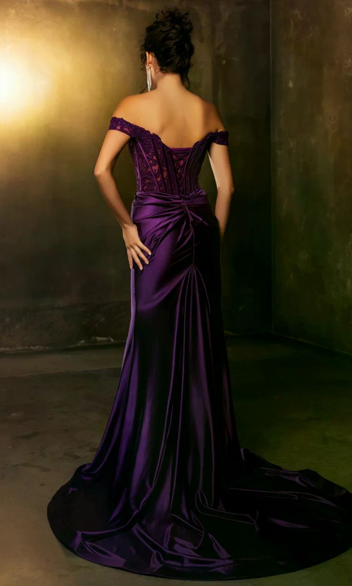Off-the-Shoulder Floor-Length with Train Satin Prom Sheath Column May Queen 2146