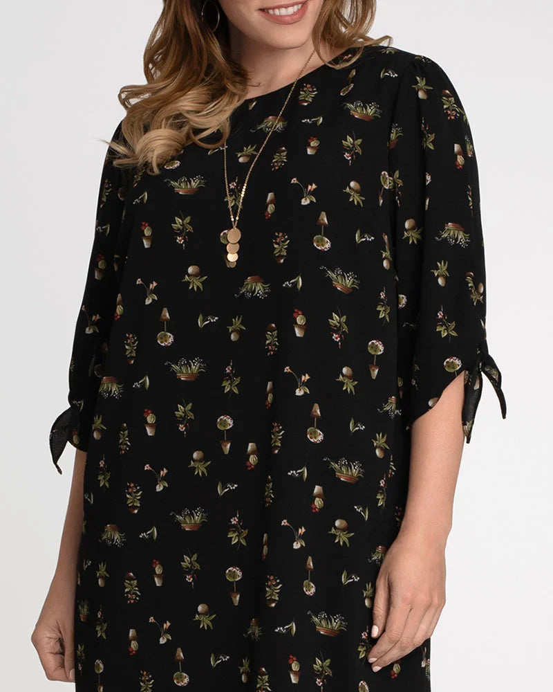 Plus Size Dresses Short A Line Cocktail Plus Size Dress Potted Plant Print