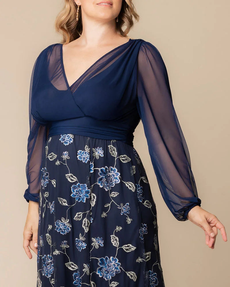 Plus Size Dresses Long Sleeves Floral Long Formal Plus Size Dress  Navy Blue Blooms