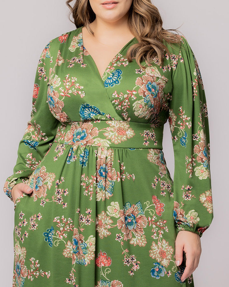 Plus Size Dresses Long Sleeve A Line Short Cocktail Plus Size Dress Olive Floral Print