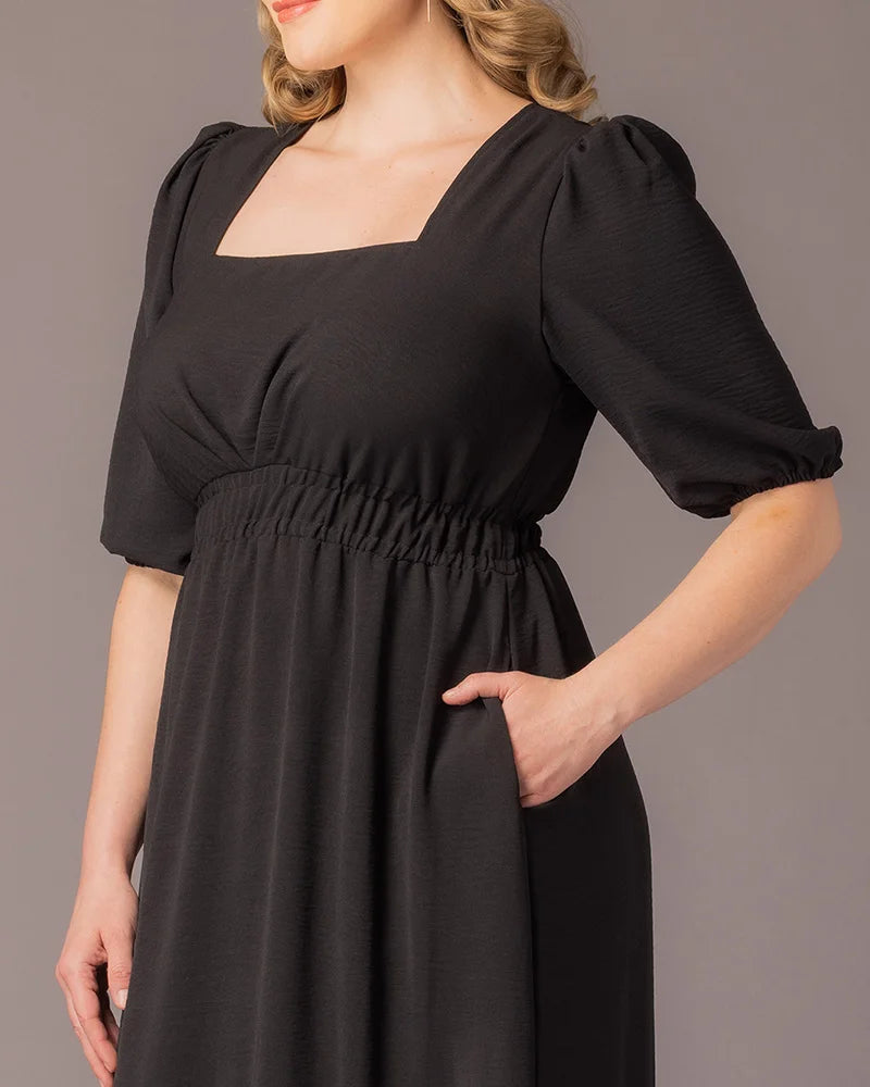 Square Neck Midi Crepe Wedding Guest A-Line Dress Kiyonna KY11262902