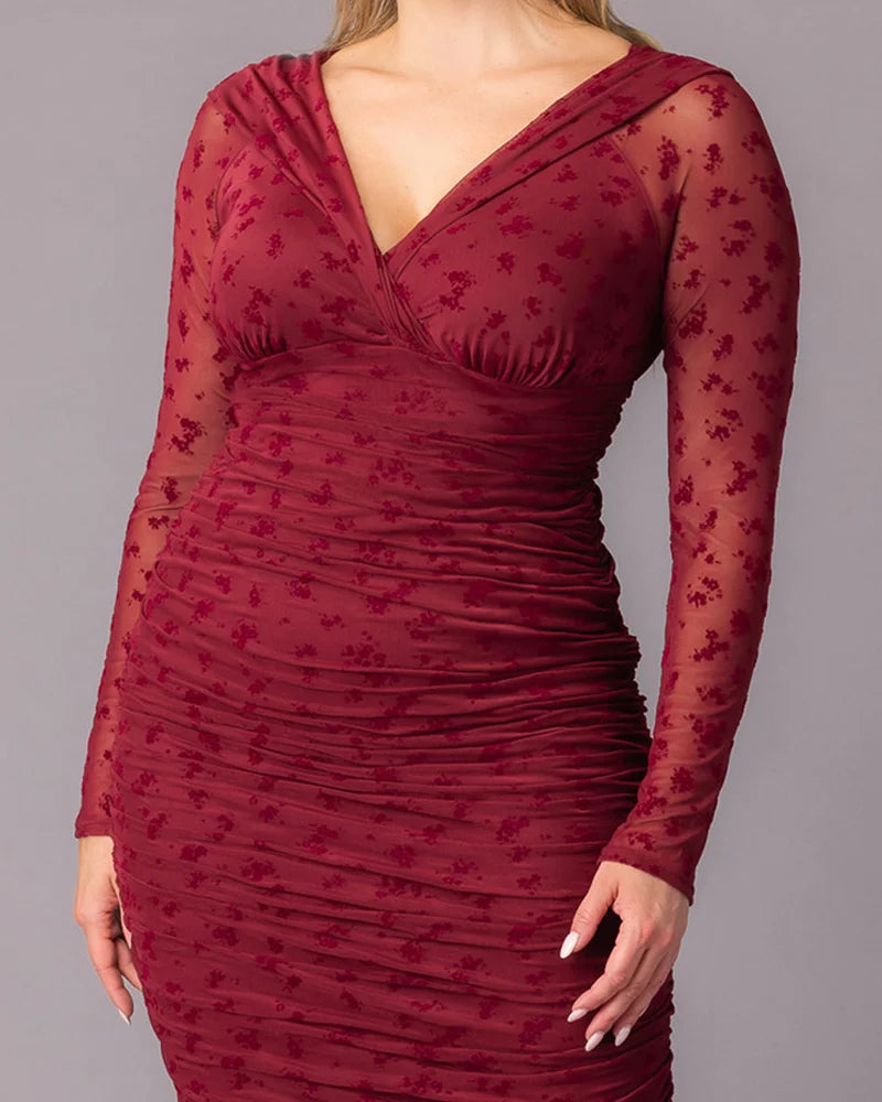 Plus Size Dresses Long Sleeves Short Cocktail Plus Size Dress Burgundy Flocked Florals