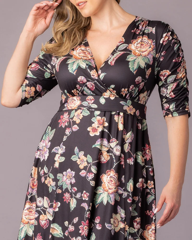 Black Floral Motif V-Neck Knee-Length Floral Casual Dress Plus Size A-Line Dress with Pockets Kiyonna 12183501