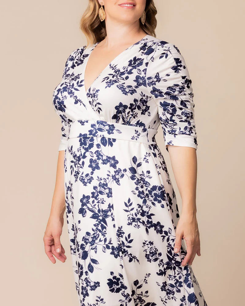 Ivory Florals V-Neck Knee-Length Floral Casual Dress Plus Size A-Line Dress with Pockets Kiyonna 12183501