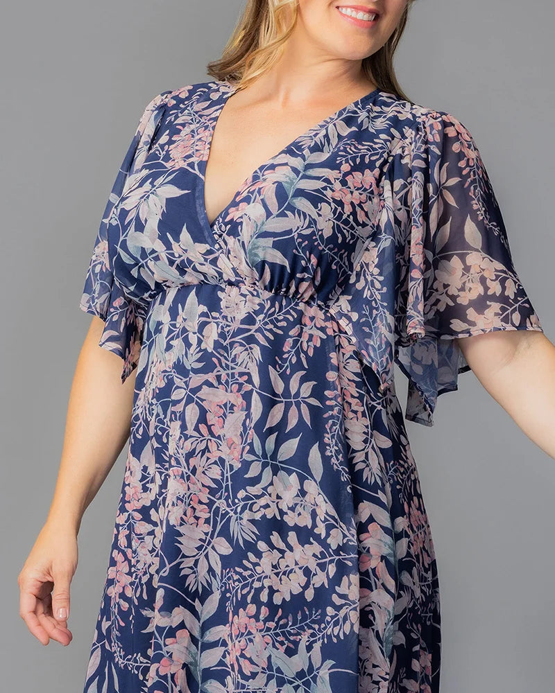 Navy Wisteria Blooms V-Neck Knee-Length Chiffon Casual Floral Wrap Plus Size Dress Kiyonna 12191302