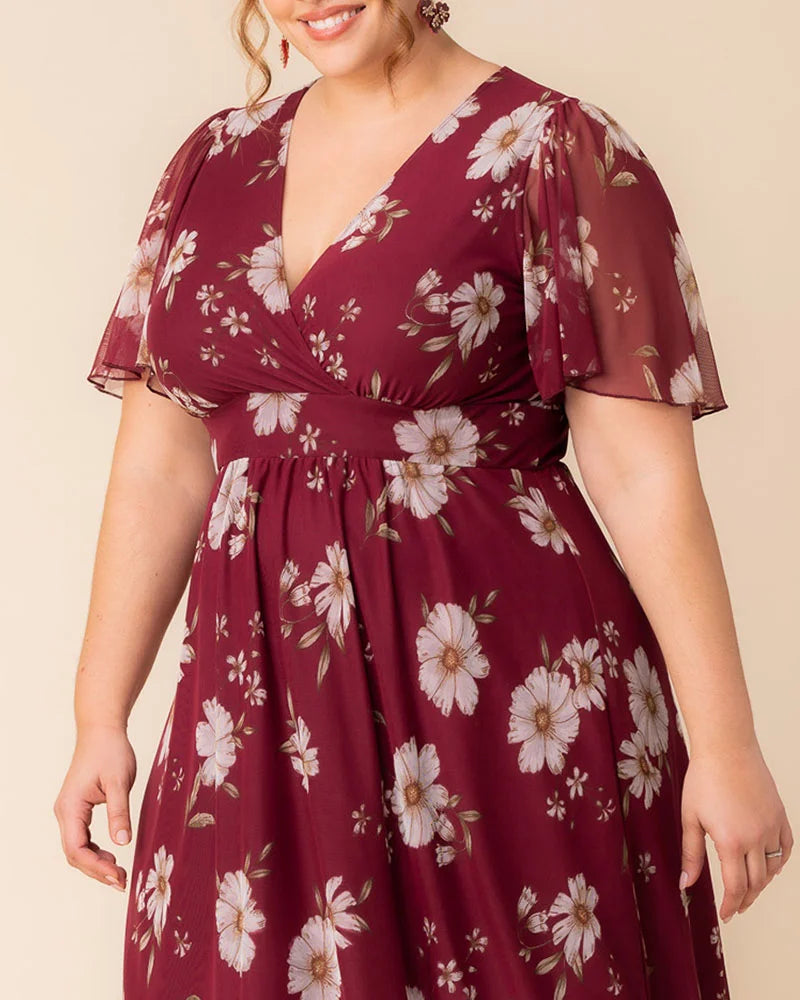 Plus Size Dresses Midi Short A Line Plus Size Dress Raspberry Floral Print