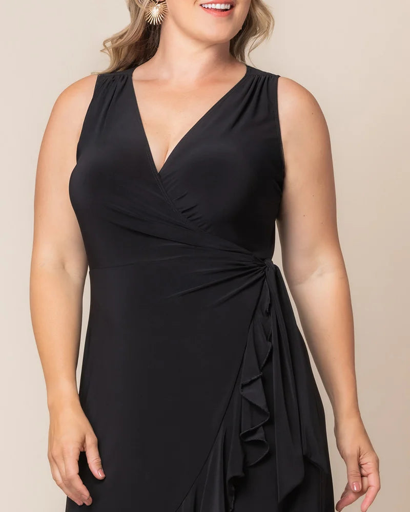Black Noir V-Neck Midi Jersey Cocktail Dress Ruffle Wrap Plus Size Dress Kiyonna 12262204