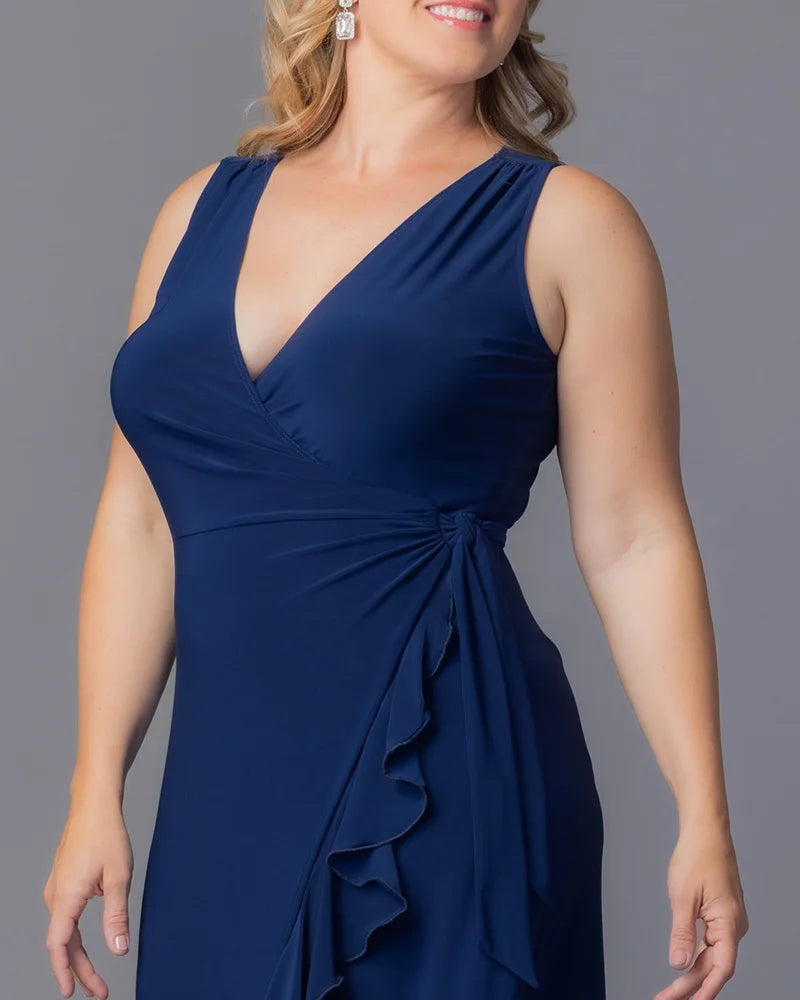 Nouveau Navy V-Neck Midi Jersey Cocktail Dress Ruffle Wrap Plus Size Dress Kiyonna 12262204