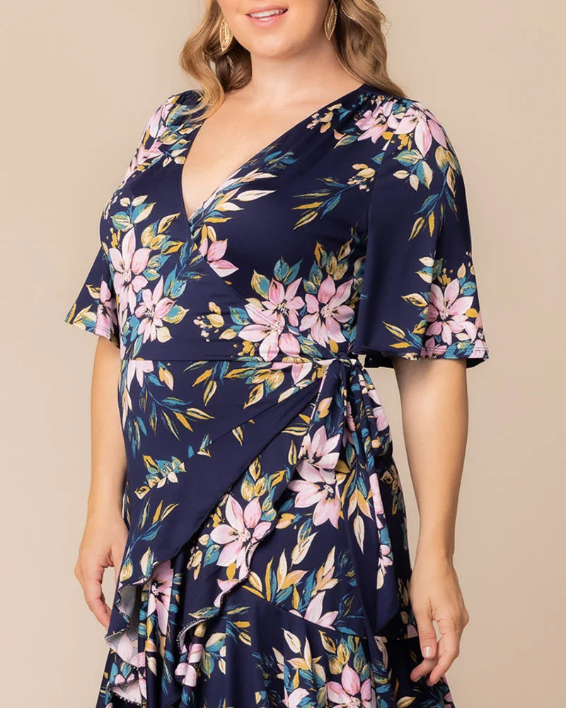 Plus Size Dresses Midi Ruffle Short Cocktail Plus Size Dress Kiyona 13212202 Navy Romantic Florals