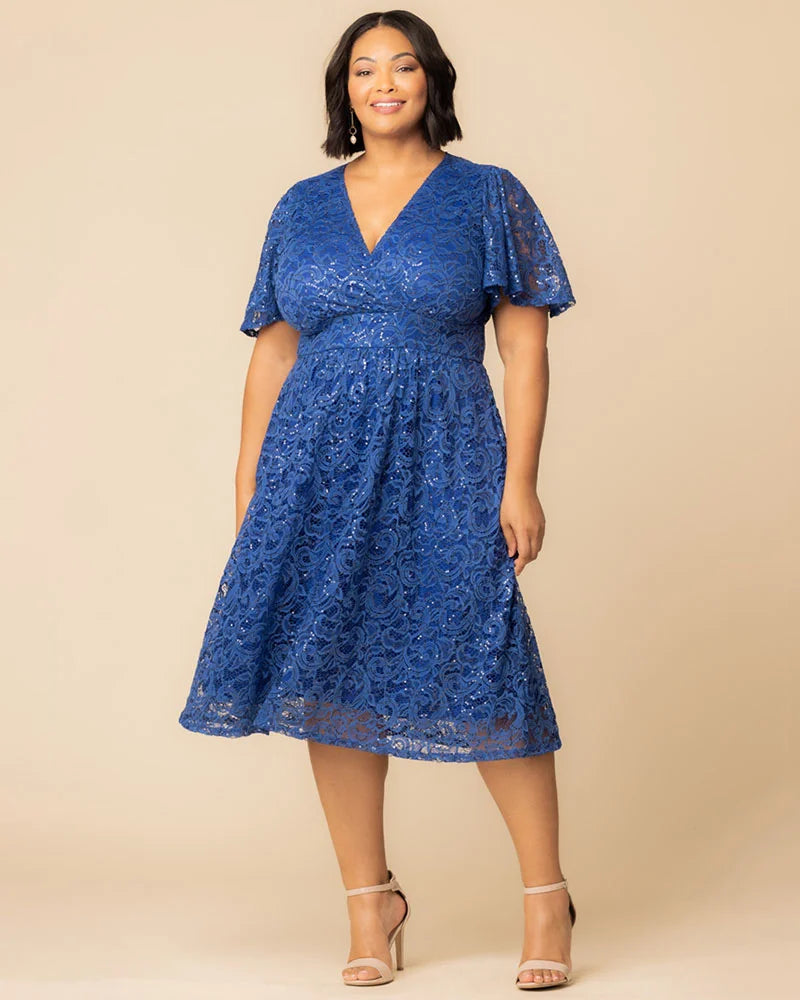Plus Size Dresses Short Lace Sequin Midi Cocktail Plus Size Dress Sapphire