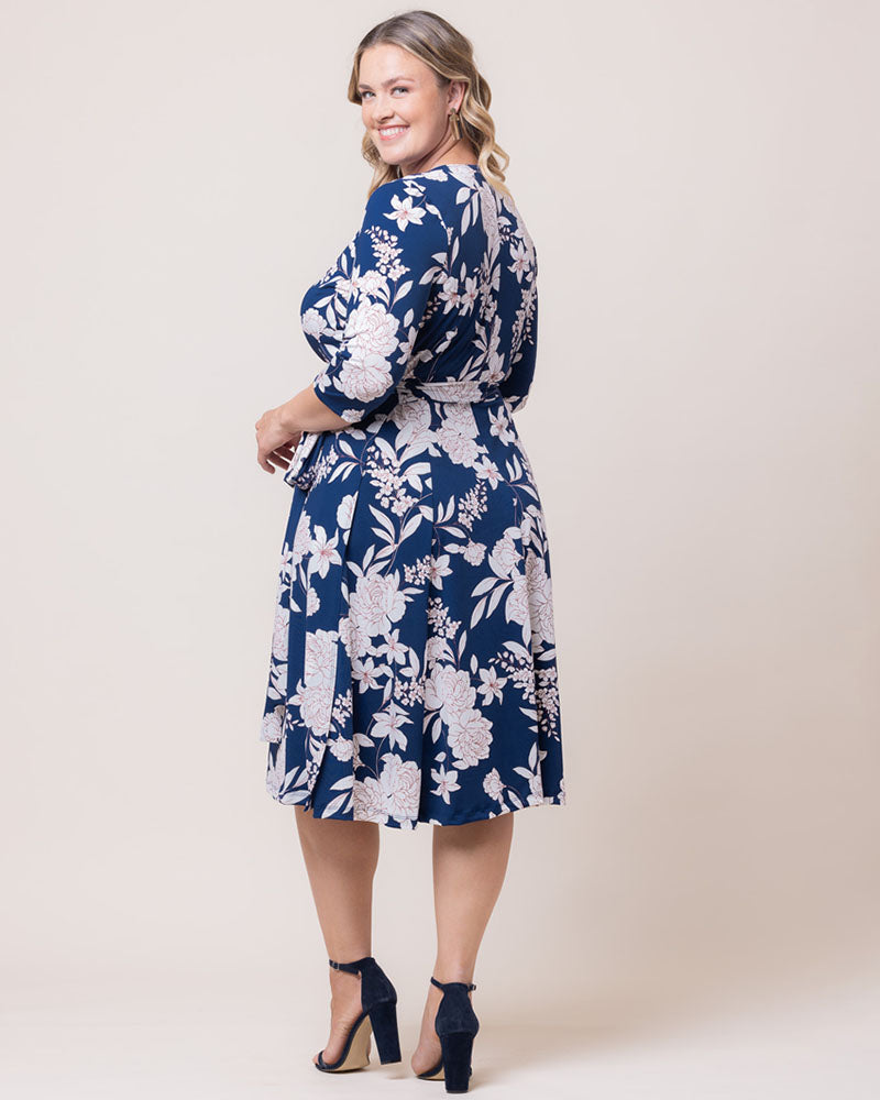 Plus Size Dresses Short Fitted Print Midi Cocktail Dress Navy Lily Peony Print