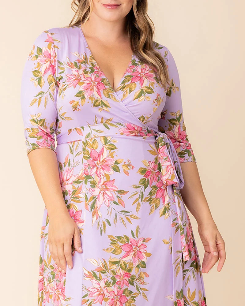 Plus Size Dresses Short Fitted Print Midi Cocktail Dress Lilac Romantic Florals