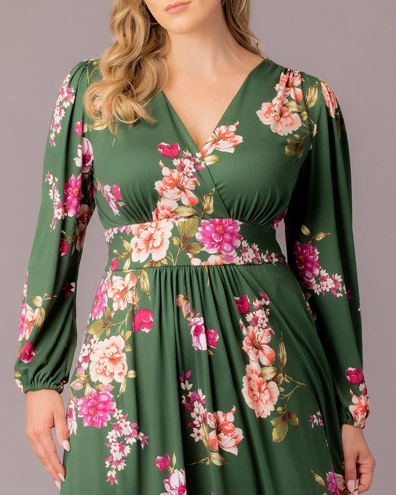 Plus Size Dresses Long Sleeve Tea Length Short Cocktail Dress Green Floral Print