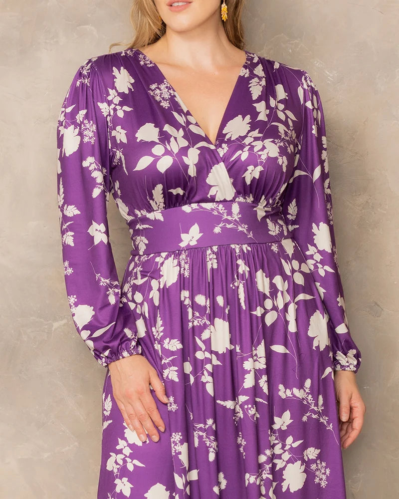 Plus Size Dresses Long Sleeve Tea Length Short Cocktail Dress Purple Blooms