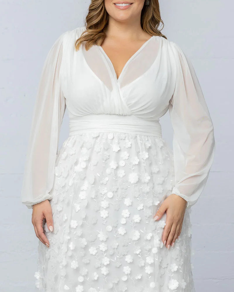 Wedding Dresses Long Sleeve 3D Floral A Line Plus Size Wedding Dress Kiyonna 19233607 Ivory Blossoms