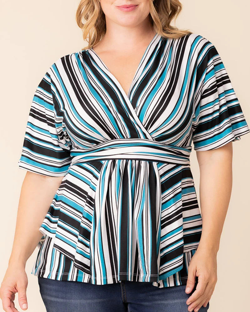 Top Plus Size Formal Top Kiyonna 22240703 Teal Stripes