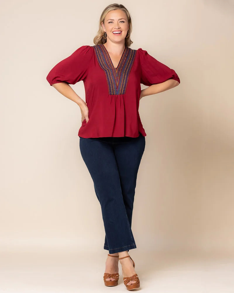 Crimson Red V-Neck Half Sleeve Woven Casual Blouse Embroidered Plus Size Top Kiyonna 22262702