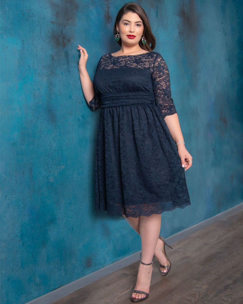 Plus Size Dresses Lace A Line Short Midi Cocktail Plus Size Dress Kiyona 12120901 Navy/Blue