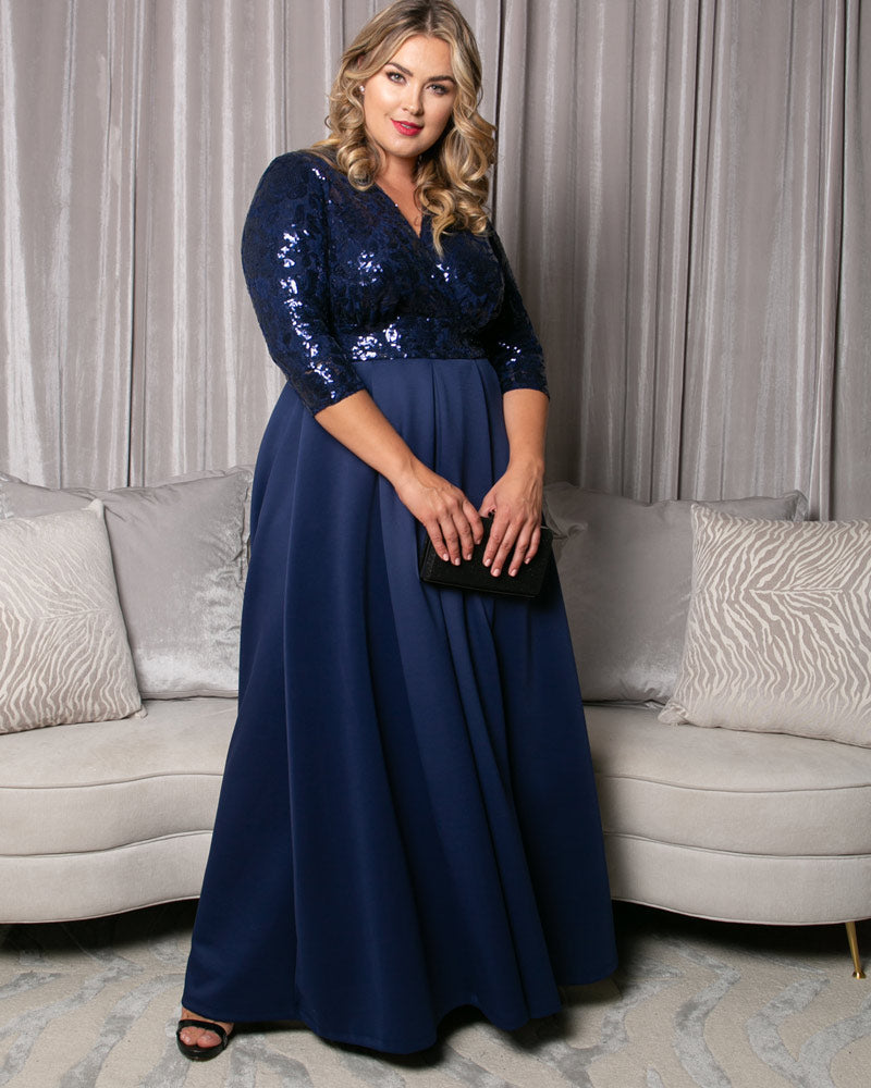 Plus Size Dresses Sequin Pleated Long Formal Plus Size Dress Kiyona 14190901 Nocturnal Navy