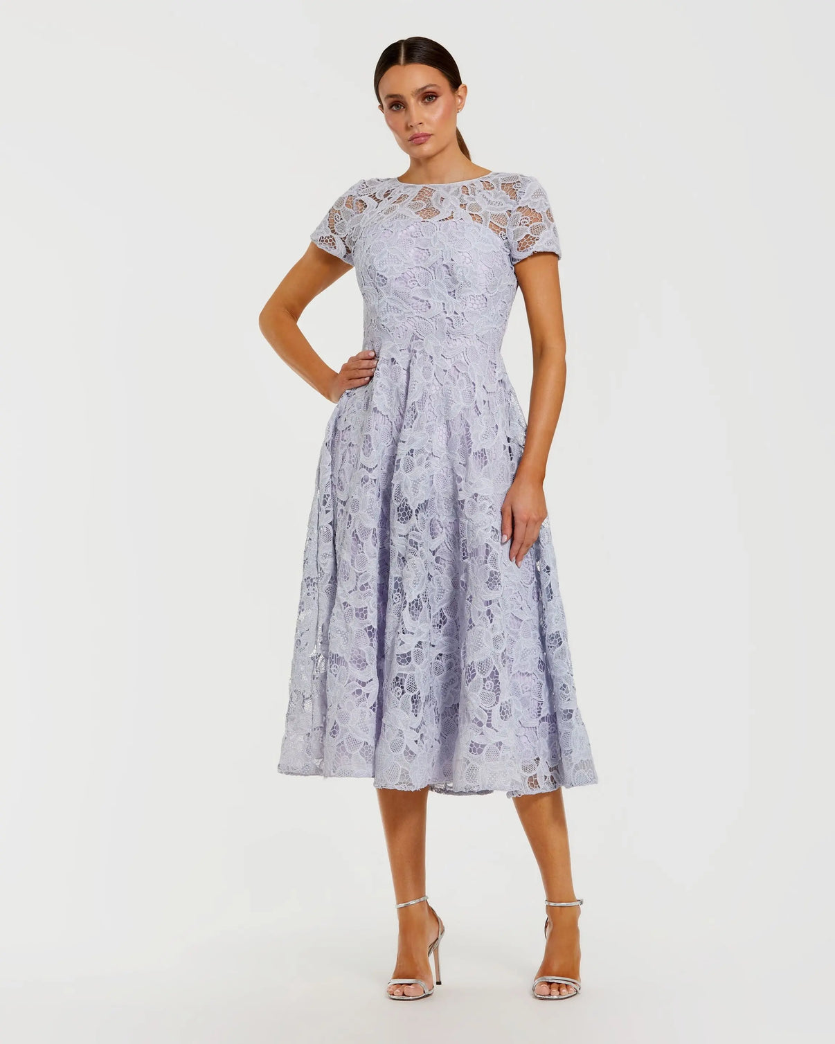 Jewel Neck Tea-Length Lace Cocktail Dress by Mac Duggal 50073 in Lilac