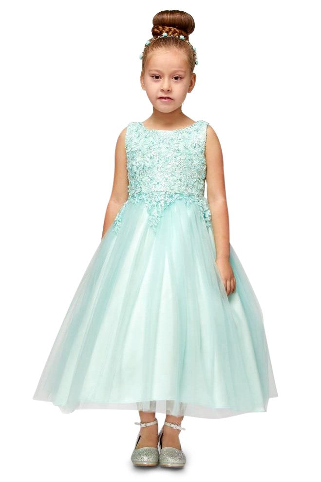 Flower Girl Dresses Long Floral Lace Applique Flower Girl Dress Mint