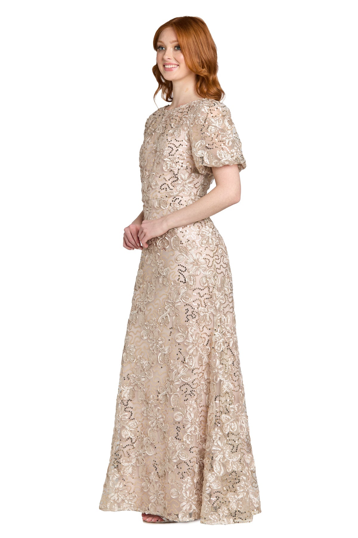Bateau Long Sequin Lace Mother of the Bride Dress by R&M Richards 5010 in Champagne