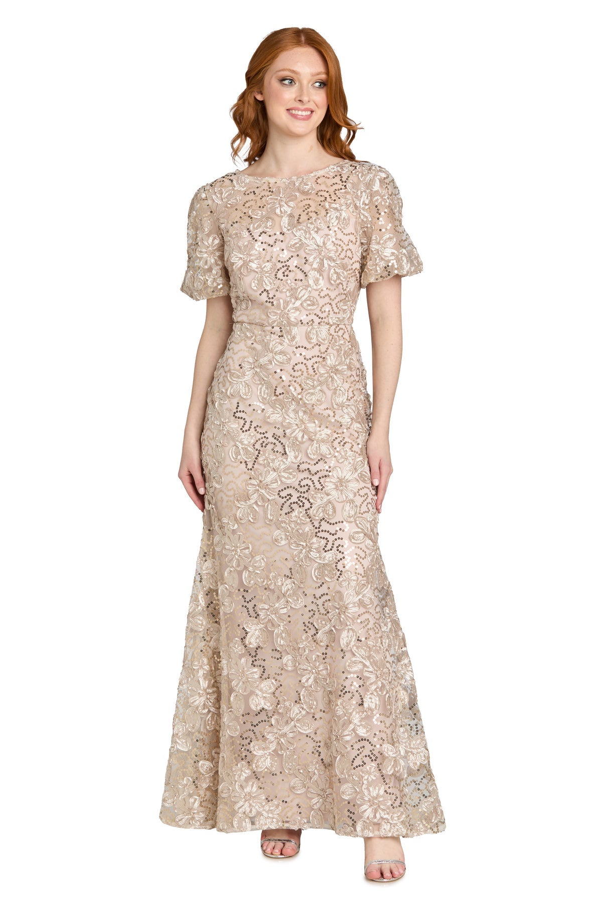 Bateau Long Sequin Lace Mother of the Bride Dress by R&M Richards 5010 in Champagne
