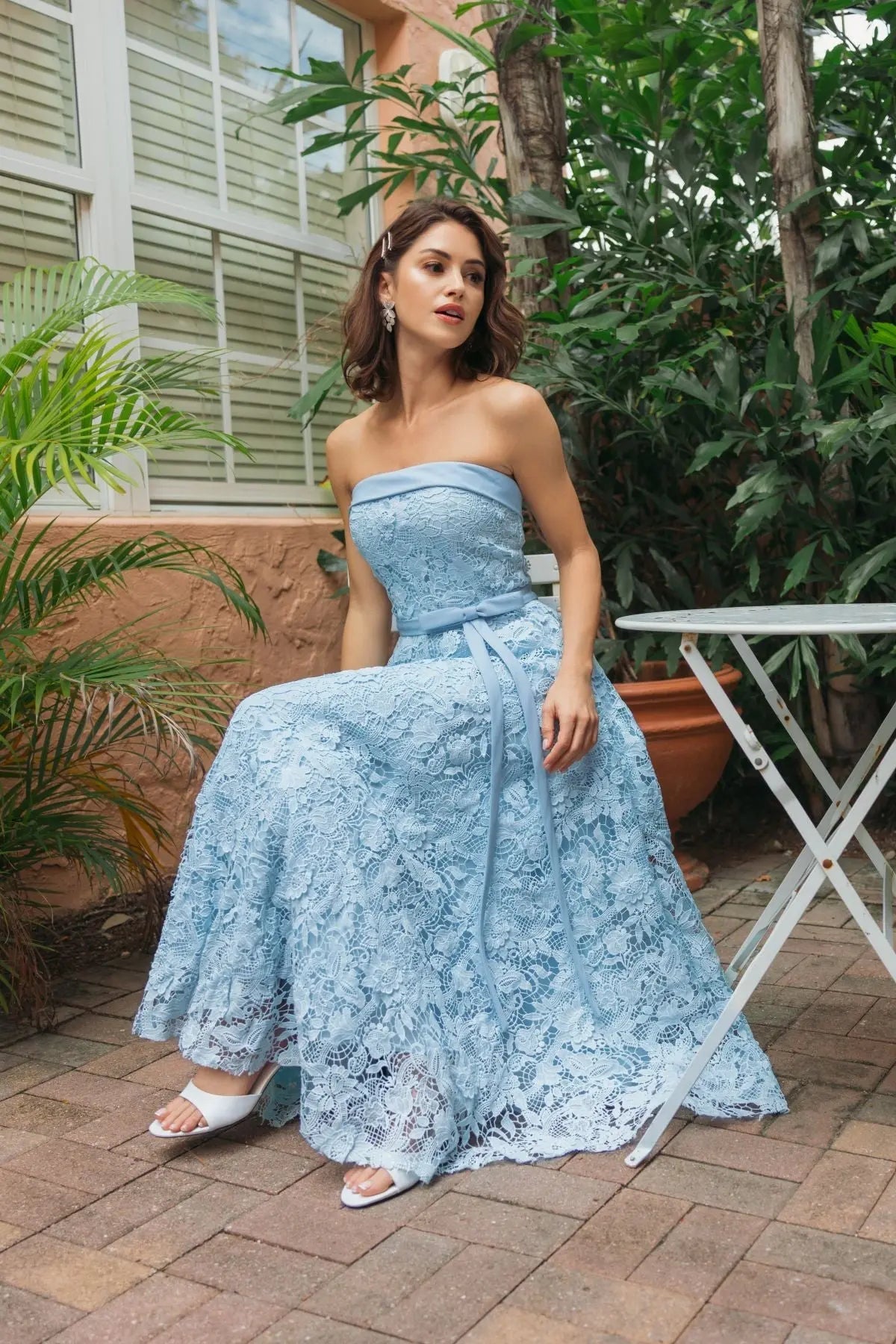 Strapless Tea-Length Lace Cocktail Dress by Mac Duggal 50114 in Powder Blue