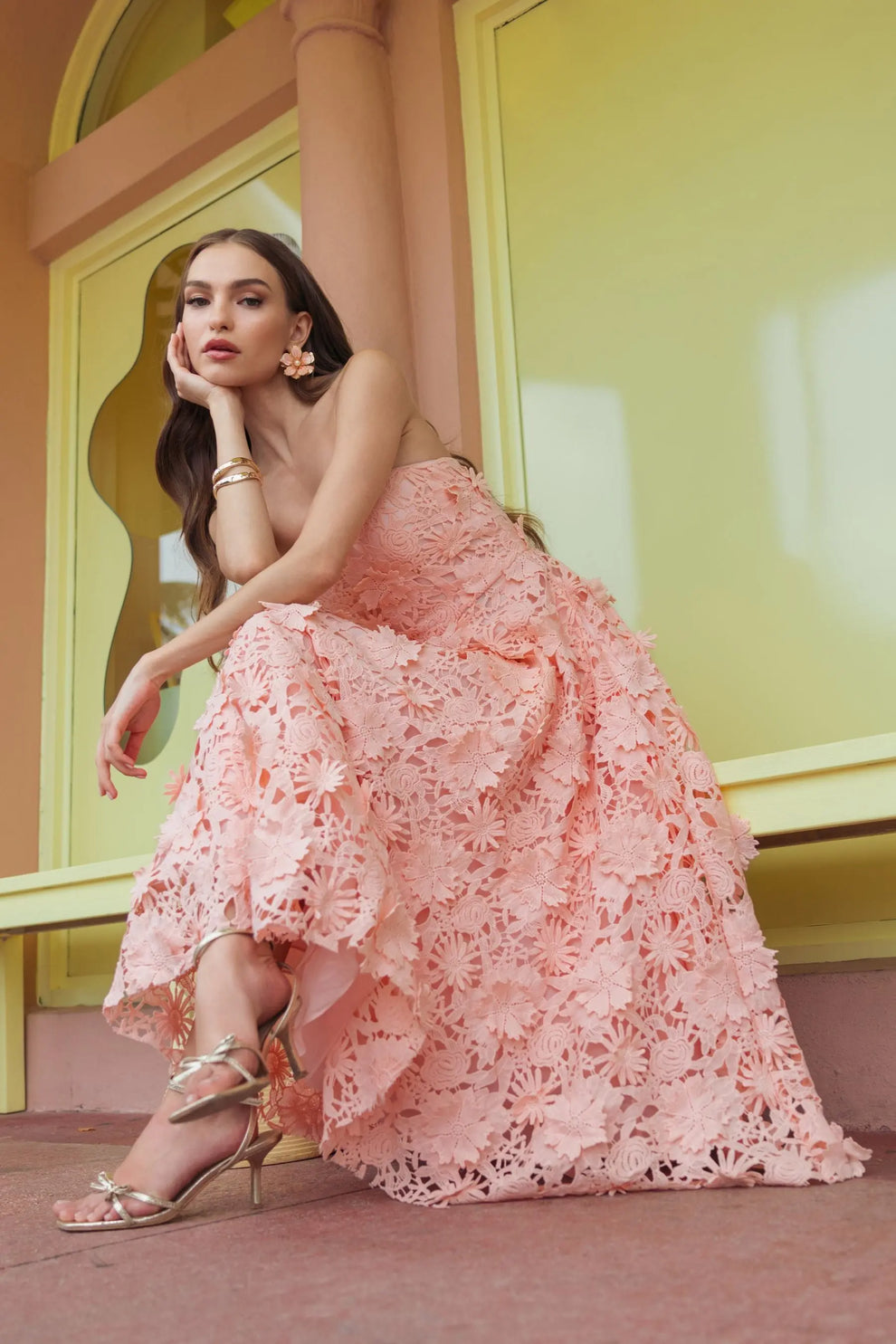 Strapless Ankle-Length Floral Lace Formal Dress by Mac Duggal 50118 in Blush