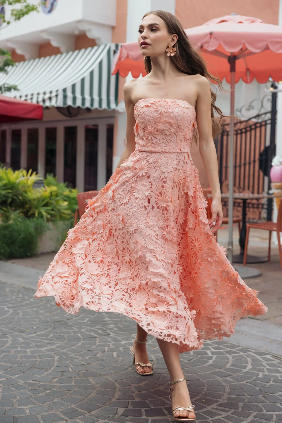 Strapless Ankle-Length Floral Lace Formal Dress by Mac Duggal 50118 in Blush