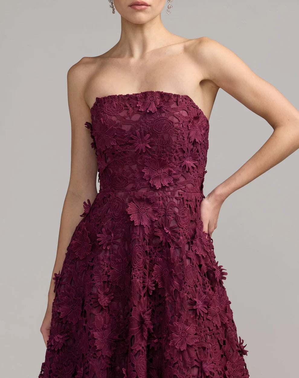 Strapless Ankle-Length Floral Lace Formal Dress by Mac Duggal 50118 in Plum