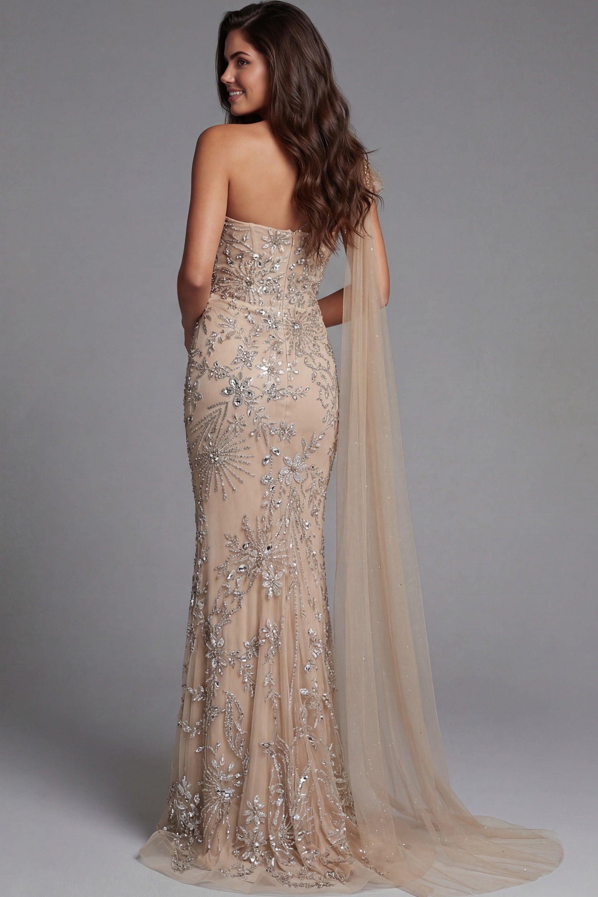 Champagne One Shoulder Floor-Length Beaded Tulle Prom Gown with Ruffle Accent and Cape Jovani 50205