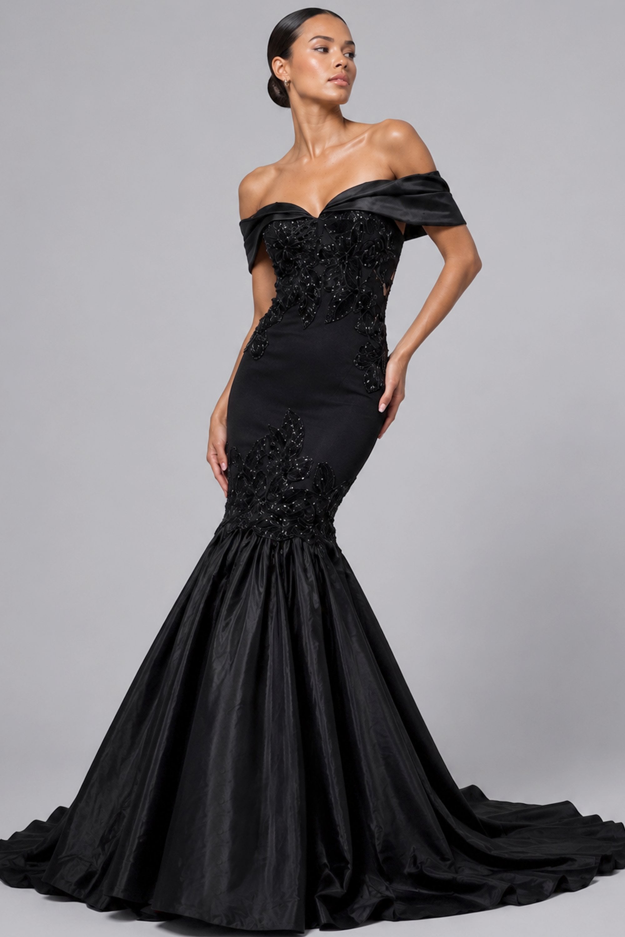 Black Off-the-Shoulder Floor-Length Satin Prom Dress Mermaid Jovani 50209