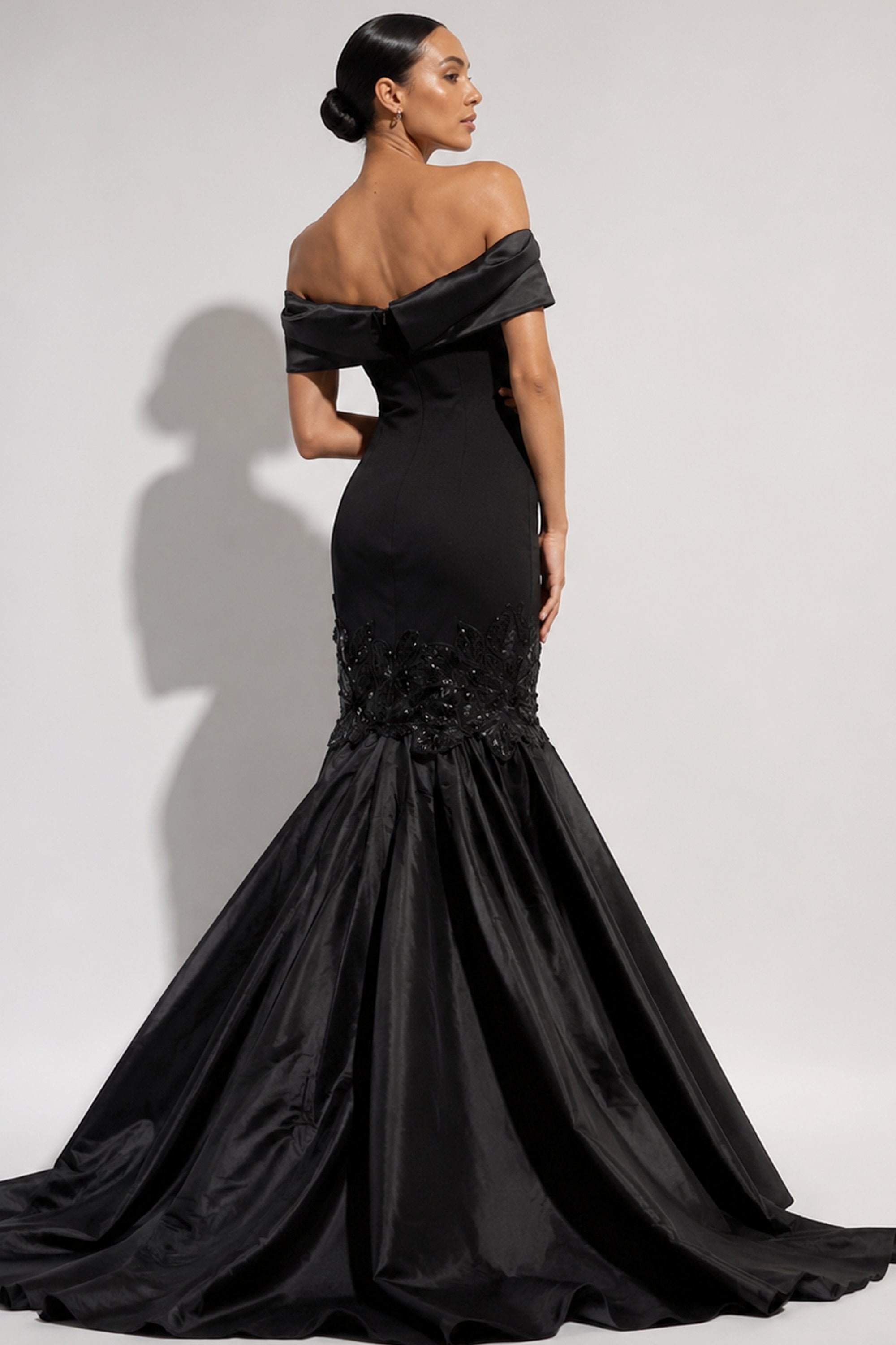 Black Off-the-Shoulder Floor-Length Satin Prom Dress Mermaid Jovani 50209